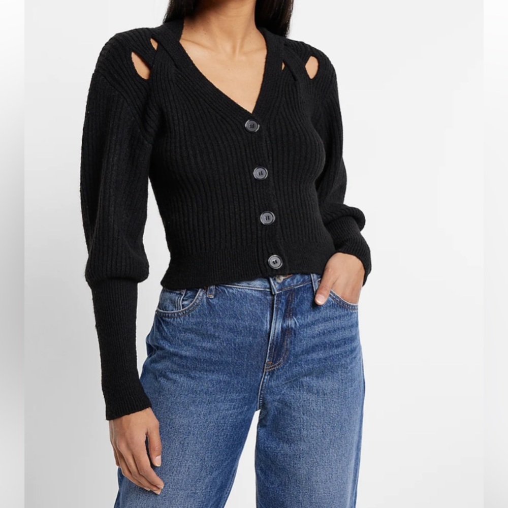 Express Balloon Sleeve Criss Cross Cutout Cardigan.